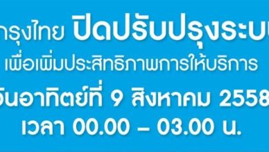 ธนาคารกรุงไทยปิดปรับปรุงระบบ 9 สิงหาคมนี้