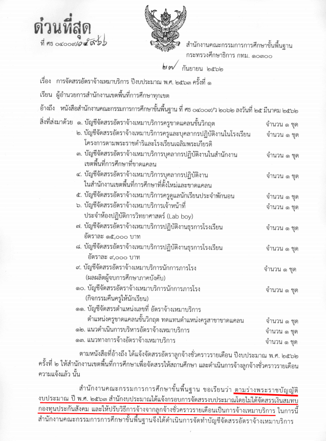 สพฐ. จัดสรรอัตราจ้างเหมาบริการ ปีงบประมาณ พ.ศ. 2563